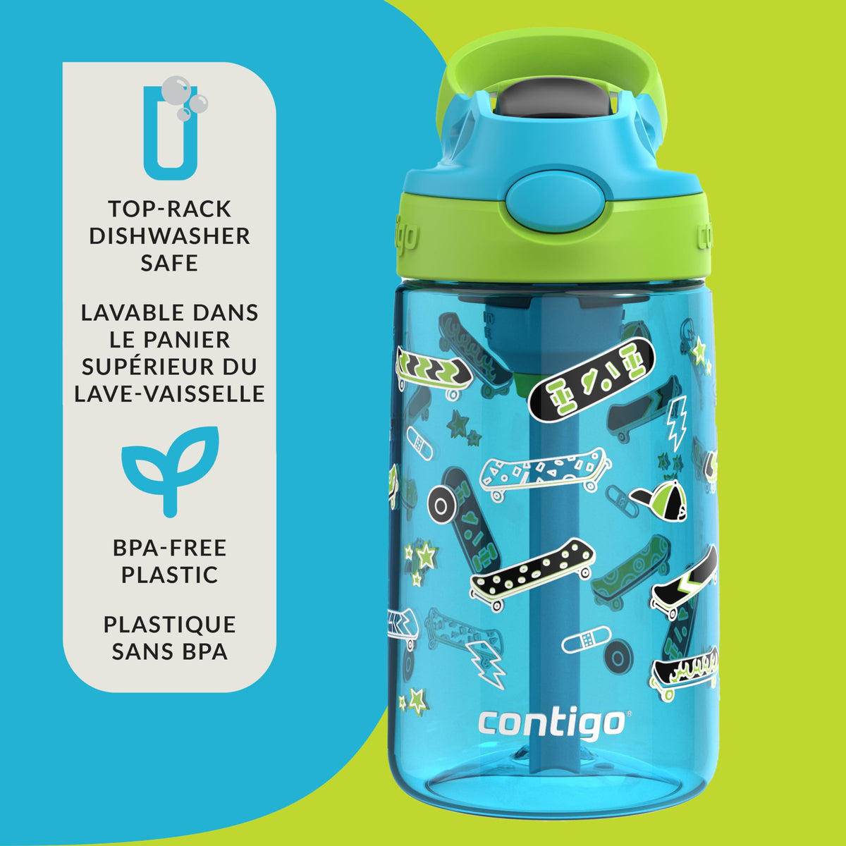 Contigo Kids Aubrey Straw Water Bottle with Leak-Proof Lid, BPA-Free Plastic, Dishwasher Safe, Blue Raspberry Lime Skater, 14 oz (414 mL) 🍁 All In One Marketplace Canada