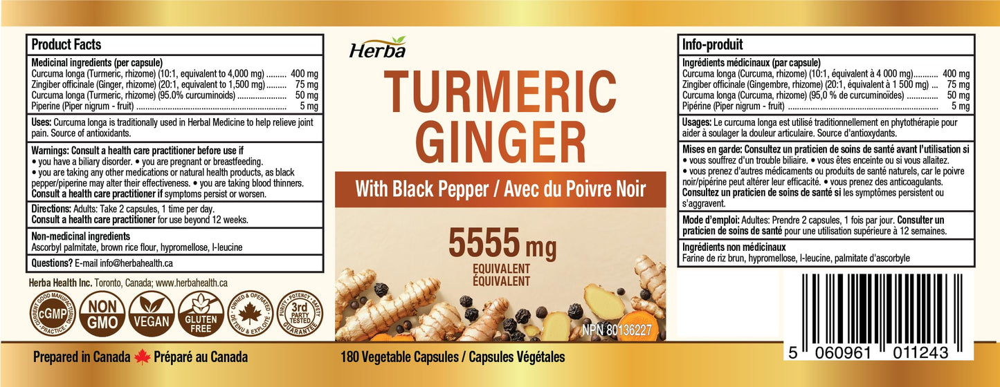 Herba Turmeric Supplements for Inflammation with Black Pepper and Ginger - 180 Capsules | 5,555mg Equiv. with 95% Turmeric Curcumin Supplements with Black Pepper | Joint Pain Relief | Made in Canada 🍁 All In One Marketplace Canada