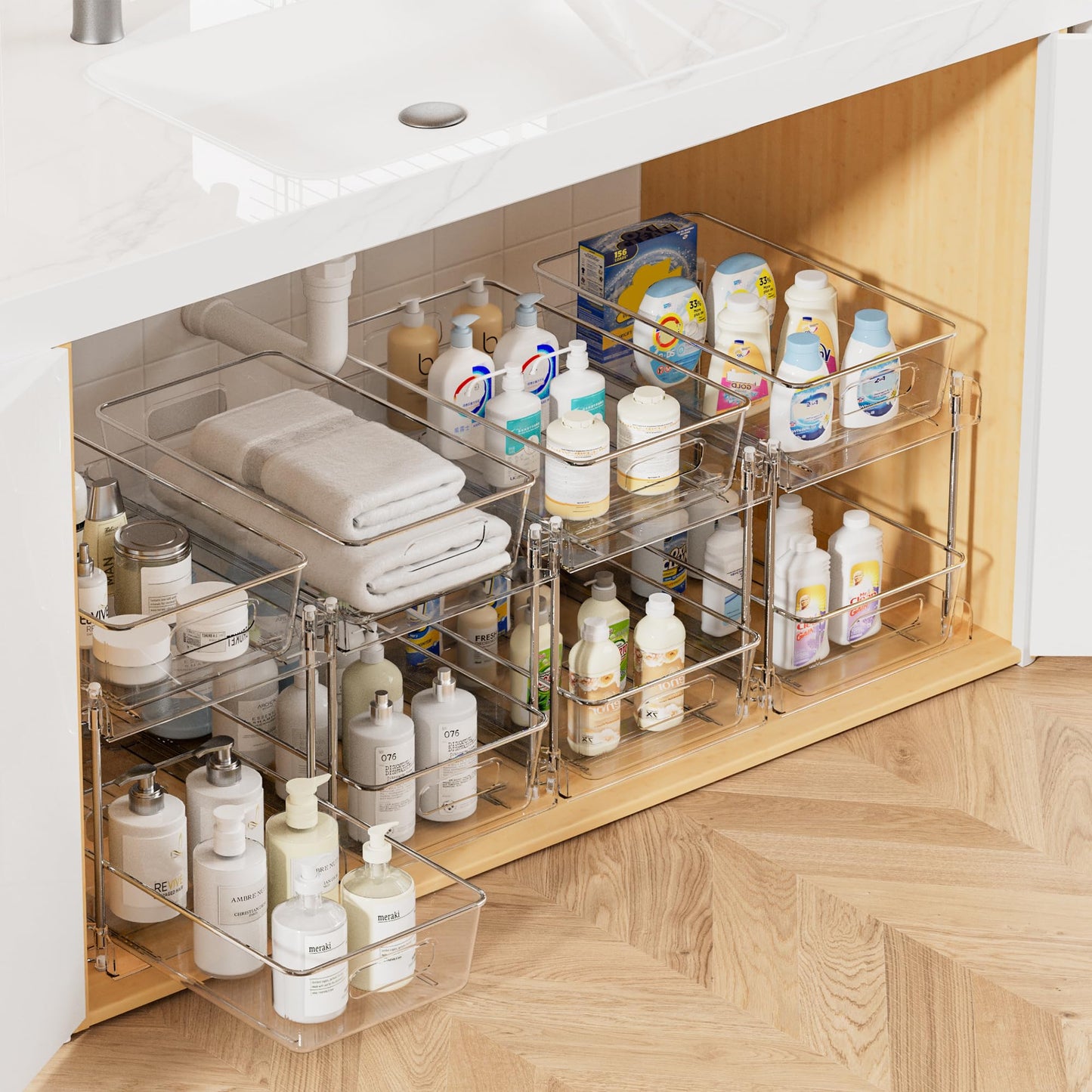 2 Tier Bathroom Storage Organizer, Vtopmart 4 Pack Clear Under Sink Organizers Vanity Counter Storage Container, Medicine Cabinet Drawers Bins, Pull-Out Organization with Track for Pantry, Kitchen 🍁 All In One Marketplace Canada