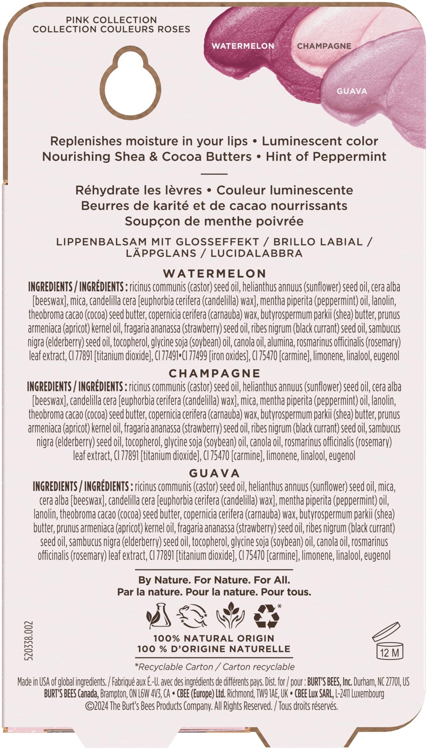 Burt's Bees Lip Shimmer, 100% Natural Origin Lip Gloss, Tinted Lip Colour | Get Soft and Hydrated Lips | Pack of 3 - (Pink) Champagne, Watermelon, Guava 🍁 All In One Marketplace Canada