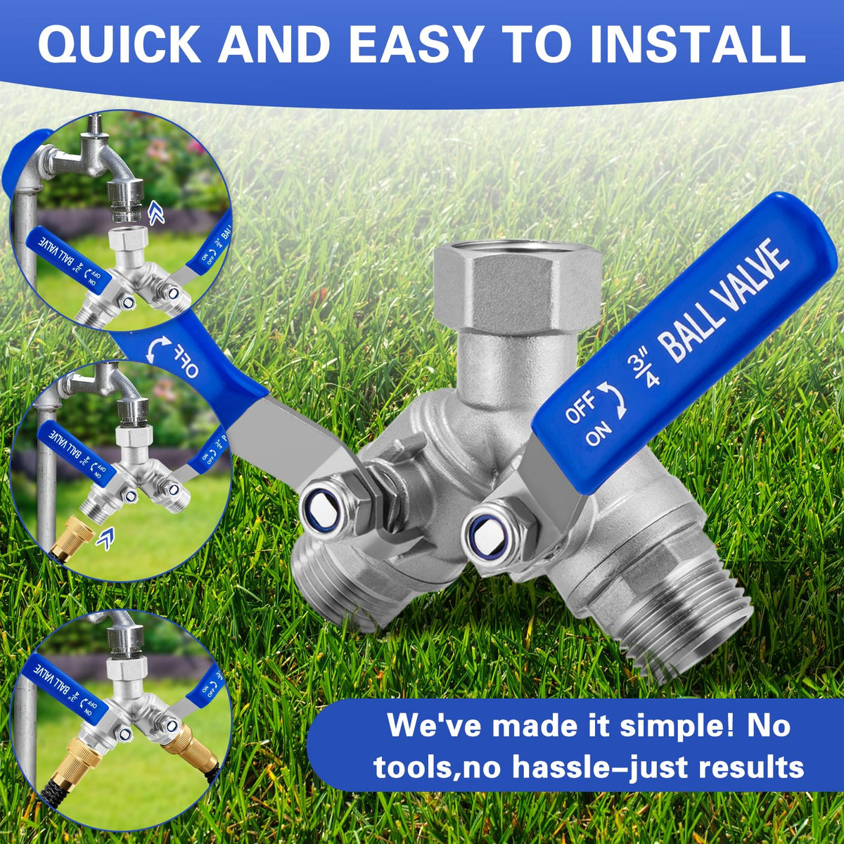 Garden Hose Splitter 2 Way, 304 Stainless Steel Heavy Duty Water Hose Splitter with Long Handle, 3/4" GHT Thread Y Valve Water Garden Hose Tap Adapter, Full Flow Water Splitter Connector 🍁 All In One Marketplace Canada