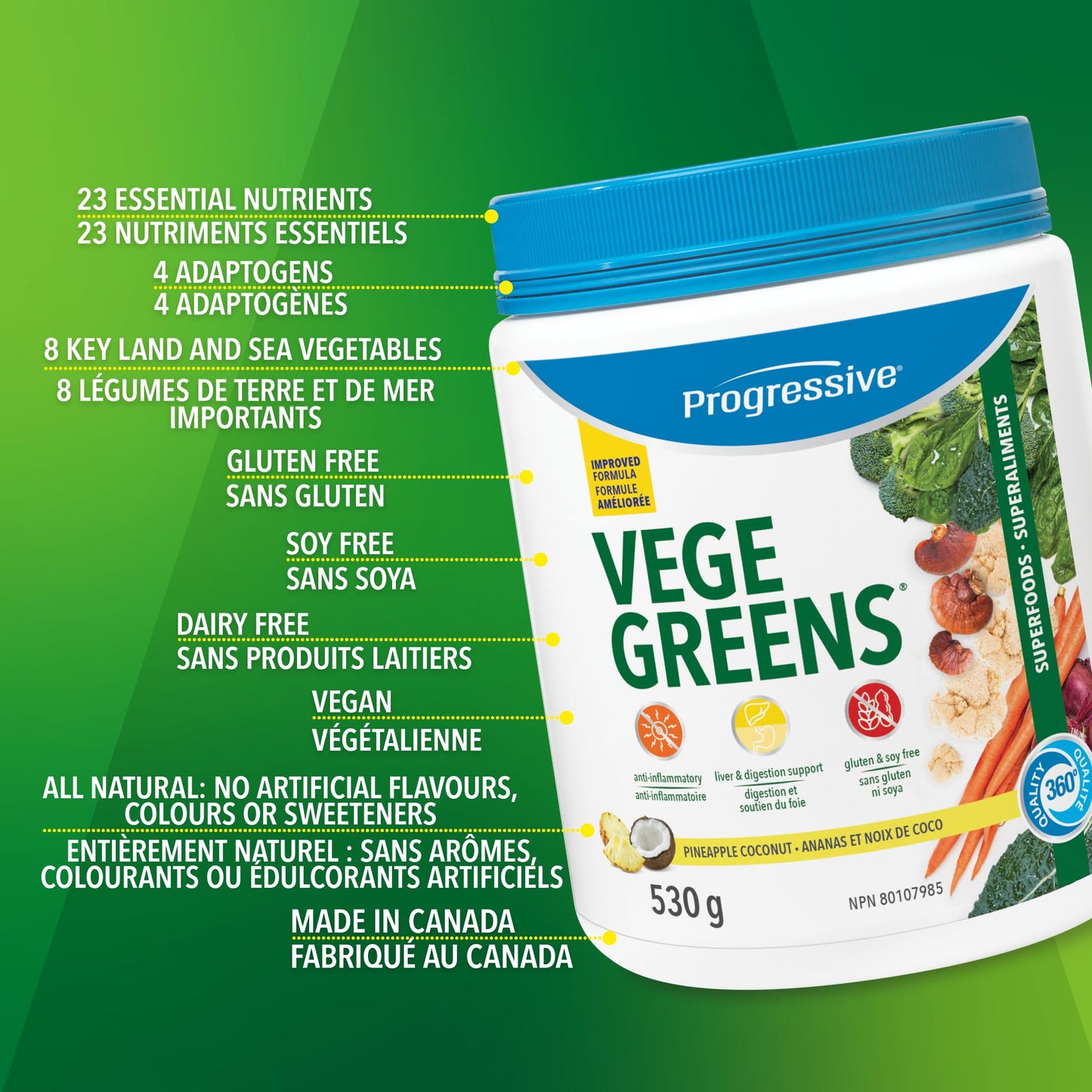Progressive VegeGreens Pineapple Coconut, Vegan Canadian-Made Superfoods + Daily Greens with 23 Whole Foods, Adaptogens, Anti-Inflammatory, Antioxidants & Digestive Support for Energy and Immunity, 530 g 🍁 All In One Marketplace Canada