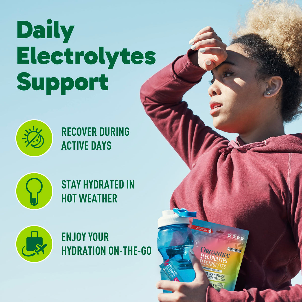 Organika Canadian-Made Electrolytes Powder with Vitamin C & Prebiotic Fibre - Sugar-Free Hydration Drink Mix Variety Pack - Lemonade, Raspberry & Pineapple Passionfruit - 21 Single-Serve Sachets x 3.5g 🍁 All In One Marketplace Canada