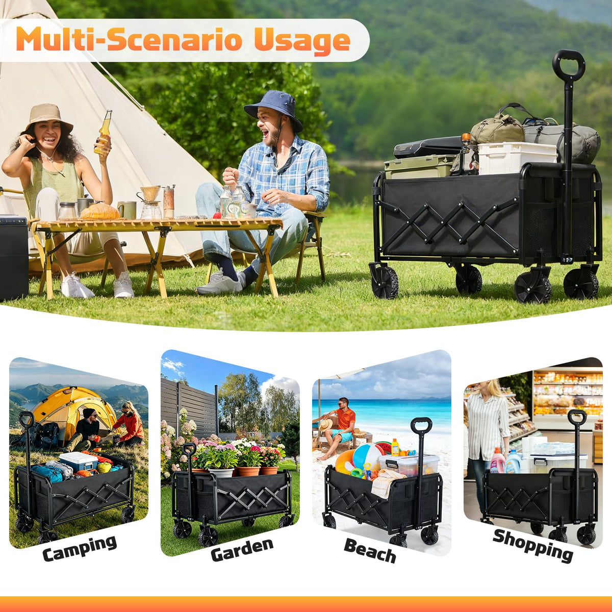 220LBS Collapsible Foldable Wagon Carts - Heavy Duty Portable Folding Utility Wagons with All-Terrain Wheels for Grocery Sports Shopping Camping Garden Beach, 2 Drink Holders/Lightweight/Black 🍁 All In One Marketplace Canada