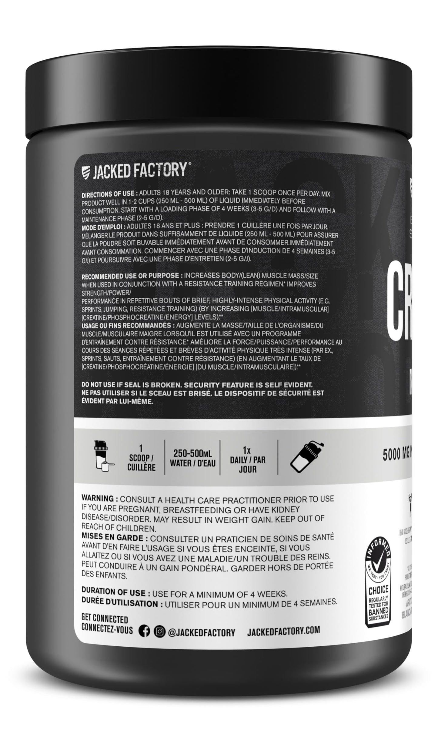 Jacked Factory Creatine Monohydrate Powder - Canadian-Owned Informed Choice Certified Supplement for Increased Muscle Mass*, Improved Strength, Power, & Performance** - 85 Servings, Arctic White 🍁 All In One Marketplace Canada