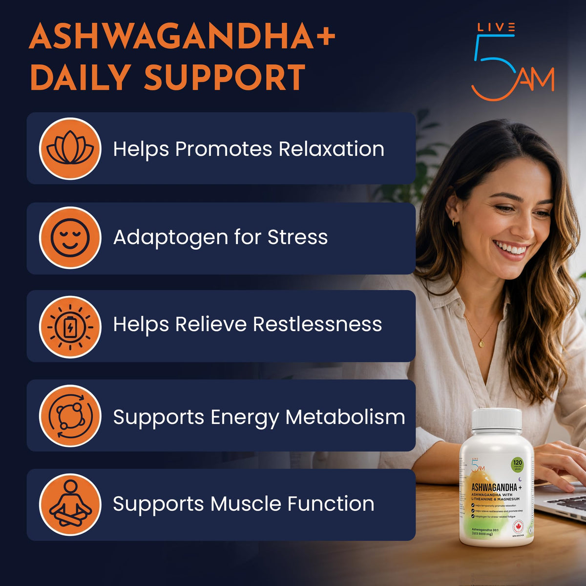 Live 5AM Ashwagandha 6000mg with L-Theanine 200mg, Magnesium Bisglycinate 75mg & Black Pepper Extract - Relaxation, Stress & Restlessness Support - 4 Month Supply, 120 Capsules - Made in Canada 🍁 All In One Marketplace Canada