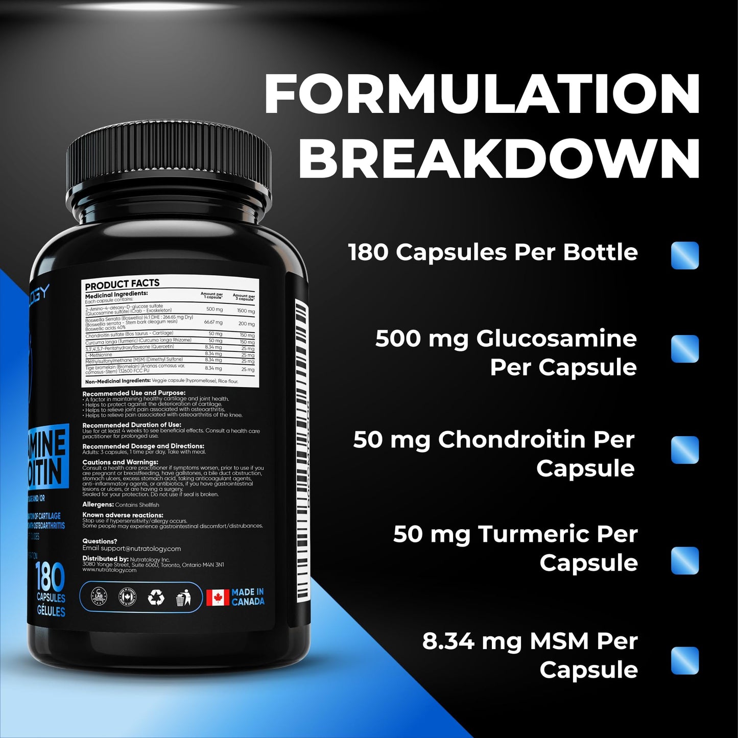 Nutratology® Glucosamine Joint Supplement with Chondroitin, MSM & Turmeric | Canadian-Made | Joint Pain Relief Supplements - 1500MG Glucosamine - Supports Healthy Joints & Cartilage - 180 Capsules 🍁 All In One Marketplace Canada