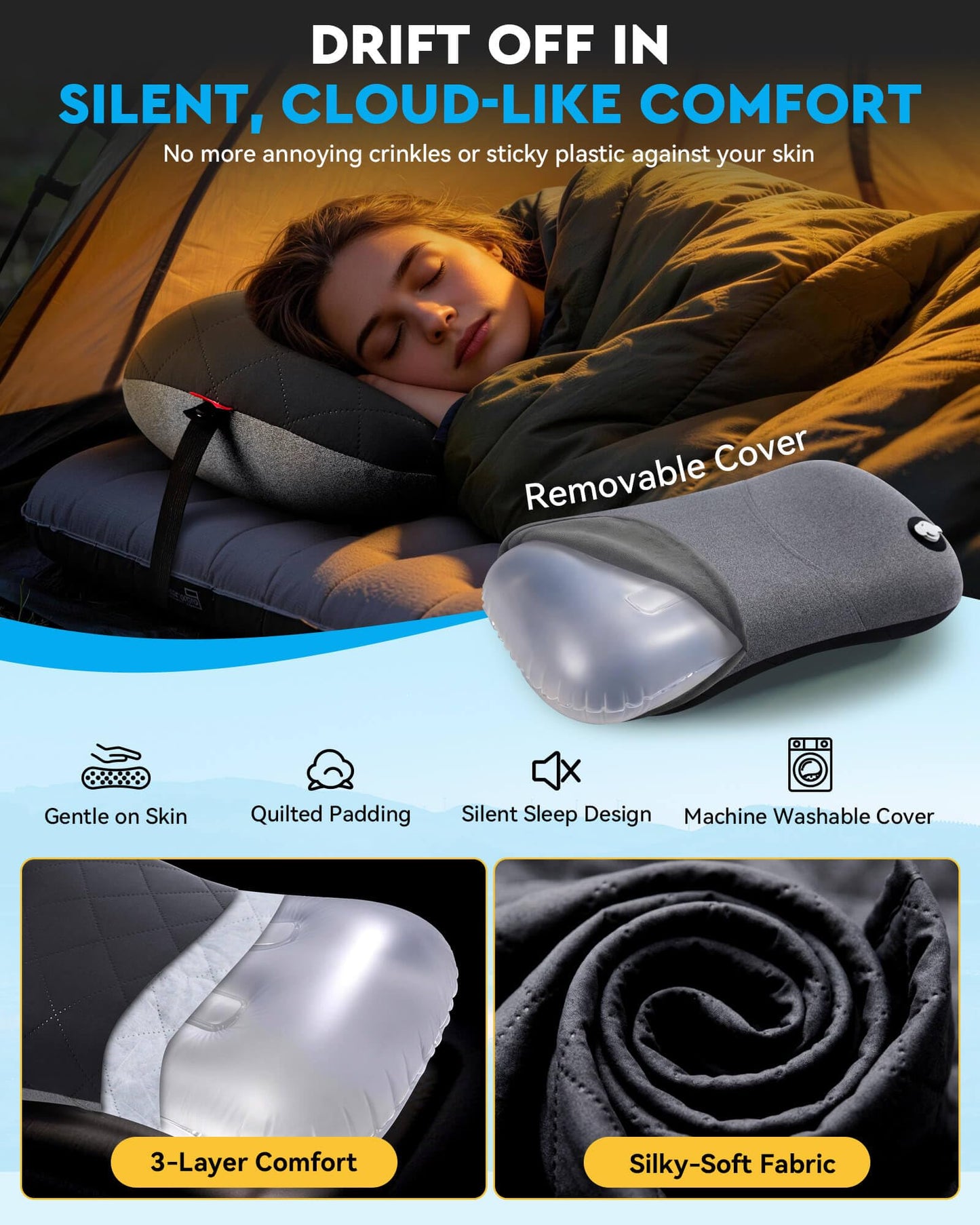 Hikenture Camping Pillow with Removable Cover - Ultralight Inflatable Pillow for Neck Lumber Support - Upgrade Backpacking Pillow - Washable Travel Air Pillows for Camping, Hiking, Backpacking (Black) 🍁 All In One Marketplace Canada