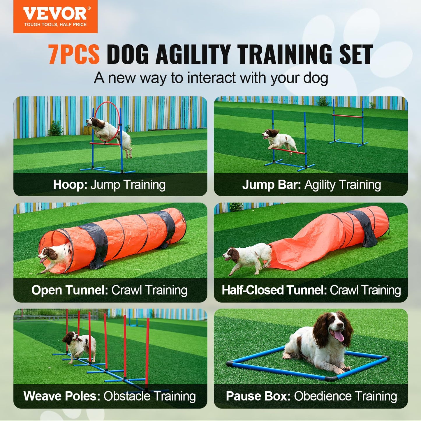 VEVOR Dog Agility Training Equipment, 7 PCS Set Upgrade w/Adjustable High Hurdles,6 Weave Poles,2 Tunnels,Jump Ring,Pause Box, Whistle,Foldable Bowl,Puppy Obstacle Course Kit w/ 3 Bags 🍁 All In One Marketplace Canada