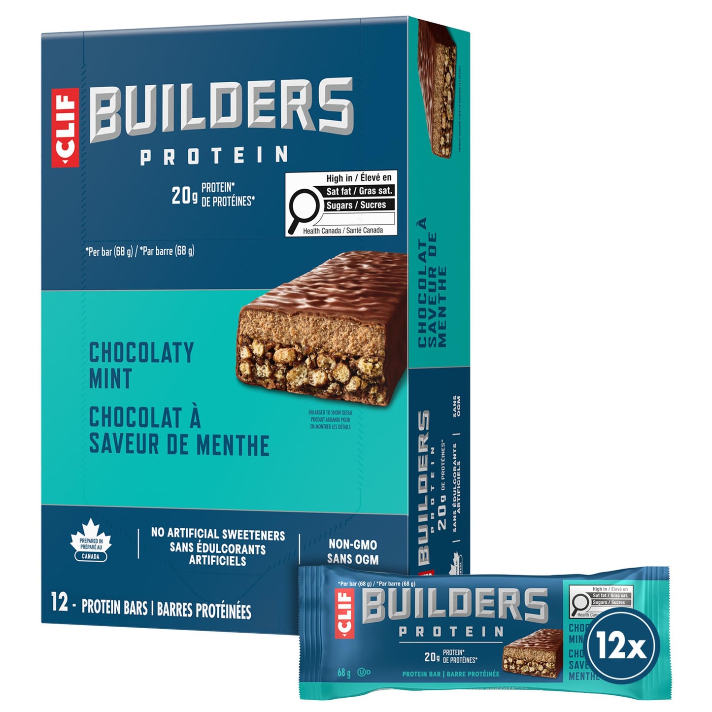 CLIF BUILDERS Protein Bars, Chocolate Mint Flavour, 20g of Protein, Prepared in Canada, Gluten Free, No Artificial Sweeteners, 68 g (Pack of 12), Prepared in Canada 🍁 All In One Marketplace Canada