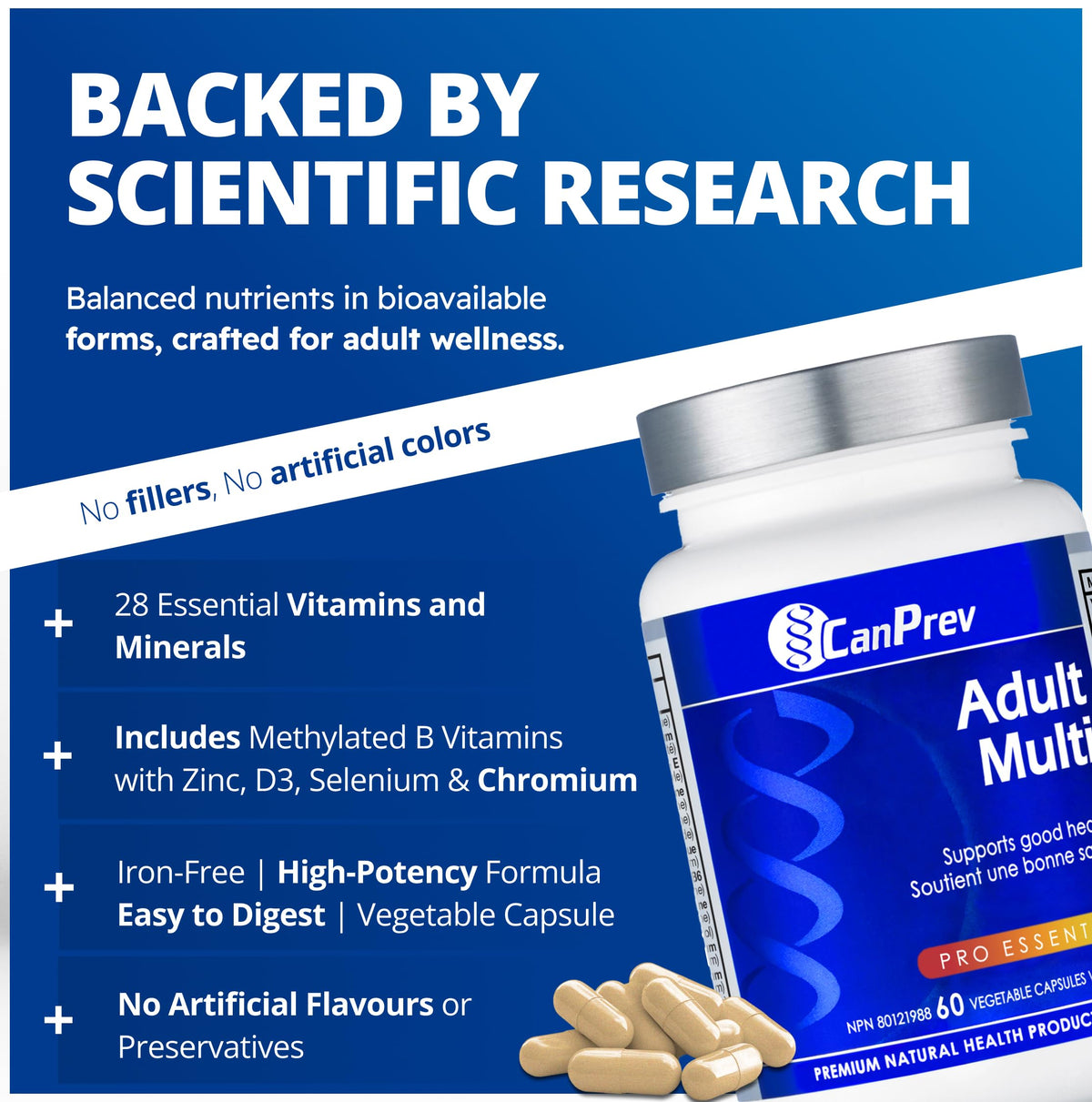 CanPrev Adult Multi, 60 V-Caps 30-Day Supply - Non-GMO and Gluten-Free - High-Potency Multivitamin and Multi-Mineral Formula - Iron-Free - Easy to Digest - Complete Daily Vitamins and Minerals 🍁 All In One Marketplace Canada