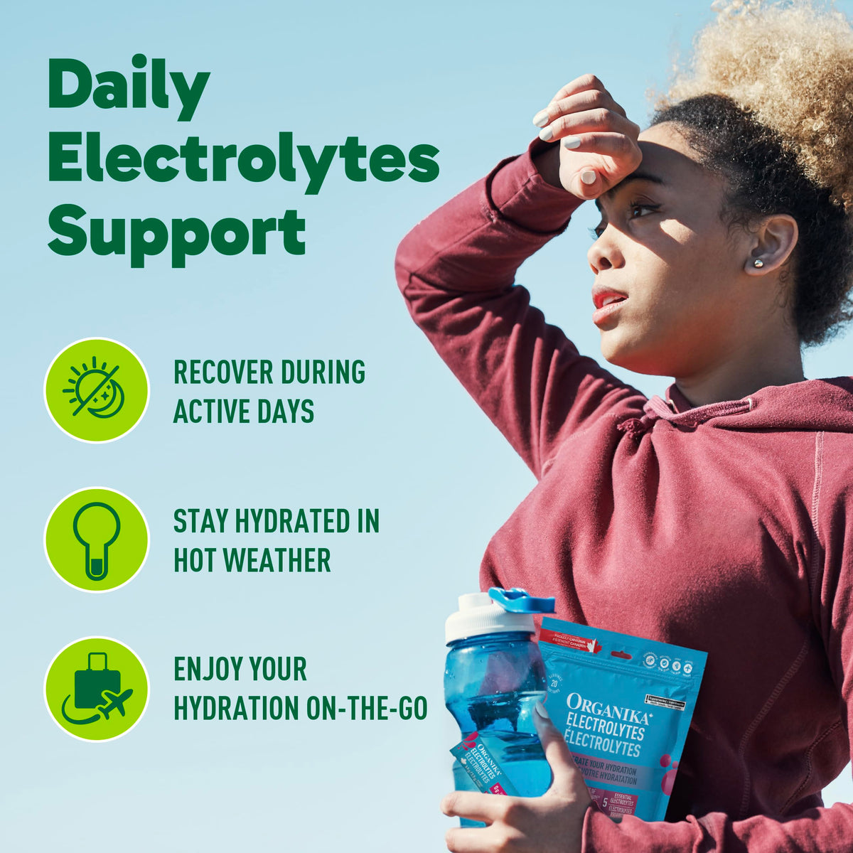 Organika Canadian-Made Electrolytes Powder with Vitamin C & Prebiotic Fibre - Sugar-Free Hydration Drink Mix - Wild Raspberry - 20 Single-Serve Sachets x 3.5g 🍁 All In One Marketplace Canada