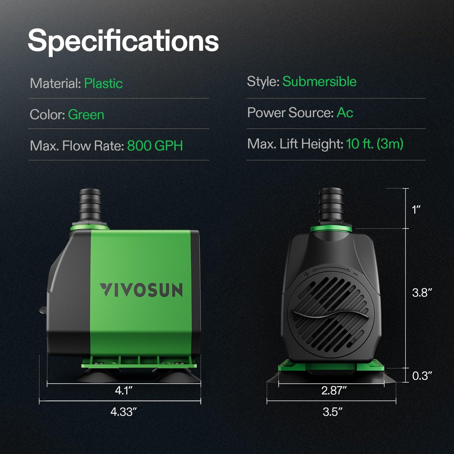VIVOSUN 800GPH Submersible Pump(3000L/H, 24W), Ultra Quiet Water Pump with 10ft High Lift, Fountain Pump with 5ft Power Cord, 3 Nozzles for Fish Tank, Pond, Aquarium, Statuary, Hydroponics 🍁 All In One Marketplace Canada