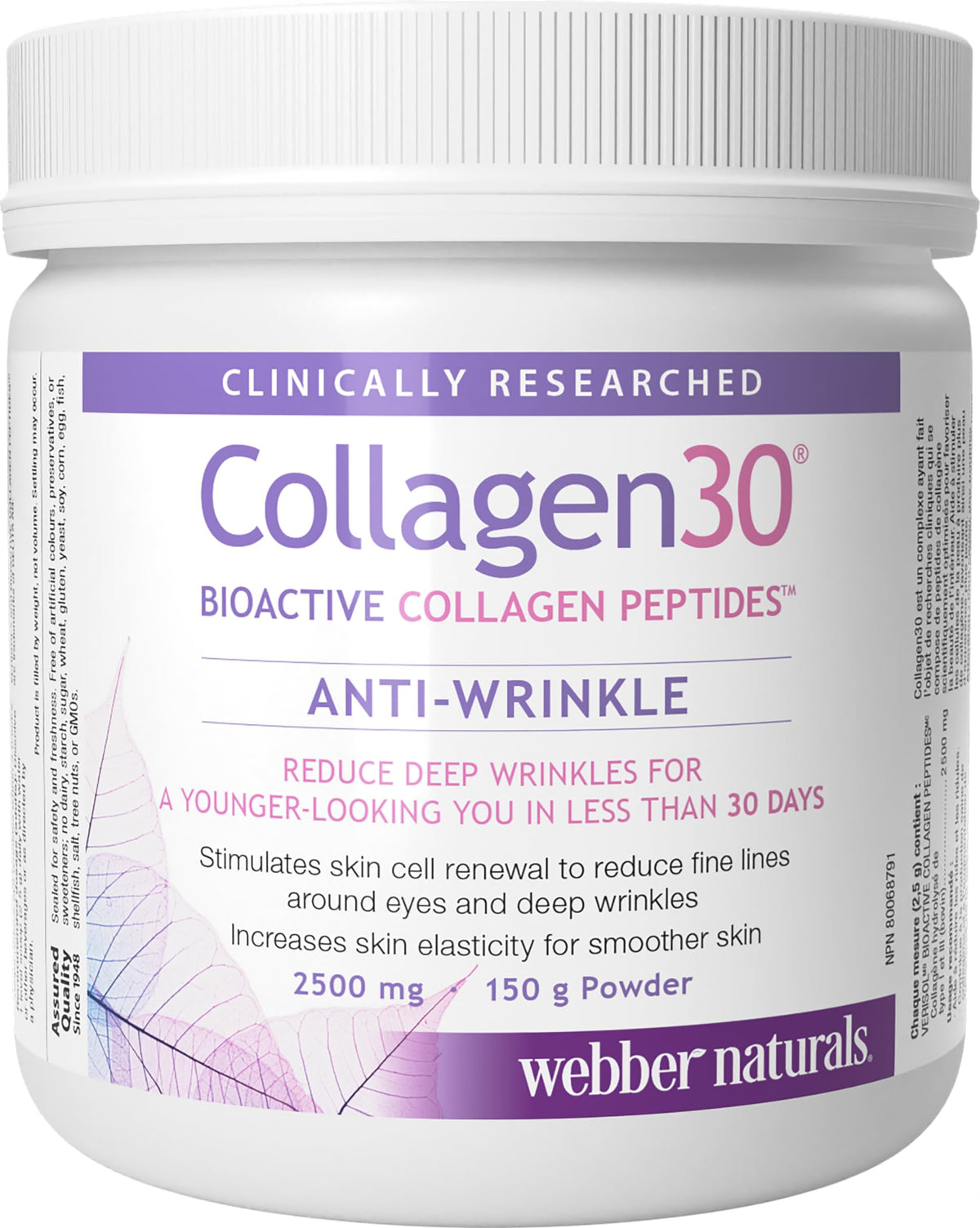 Webber Naturals Collagen30 Anti-Wrinkle Powder, 2500 mg of Bioactive Collagen Peptides Per Serving, 150 Grams, Helps Reduce Deep Wrinkles, Fine Lines & Stimulates Skin Cells 🍁 All In One Marketplace Canada