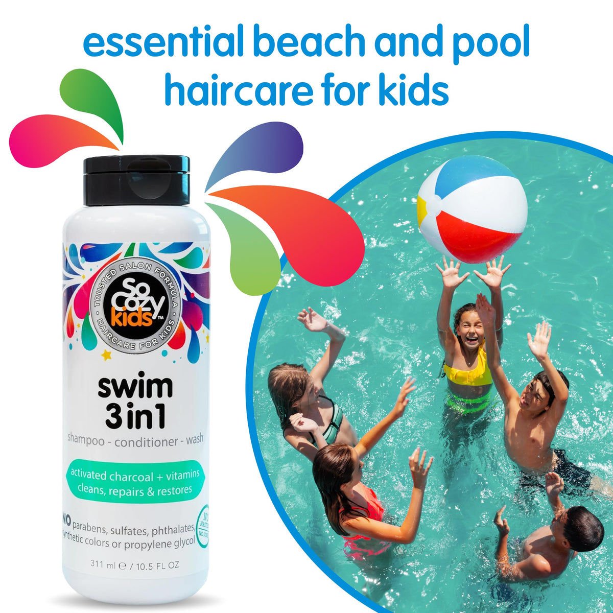 SoCozy Kids Swim 3-in-1 Shampoo, Conditioner & Body Wash - 3-in-1 Combo Pool Shampoo & Conditioner for Swimmers - Salt & Chlorine Removing Activated Charcoal for Toddler & Kids Hair After Swimming 🍁 All In One Marketplace Canada
