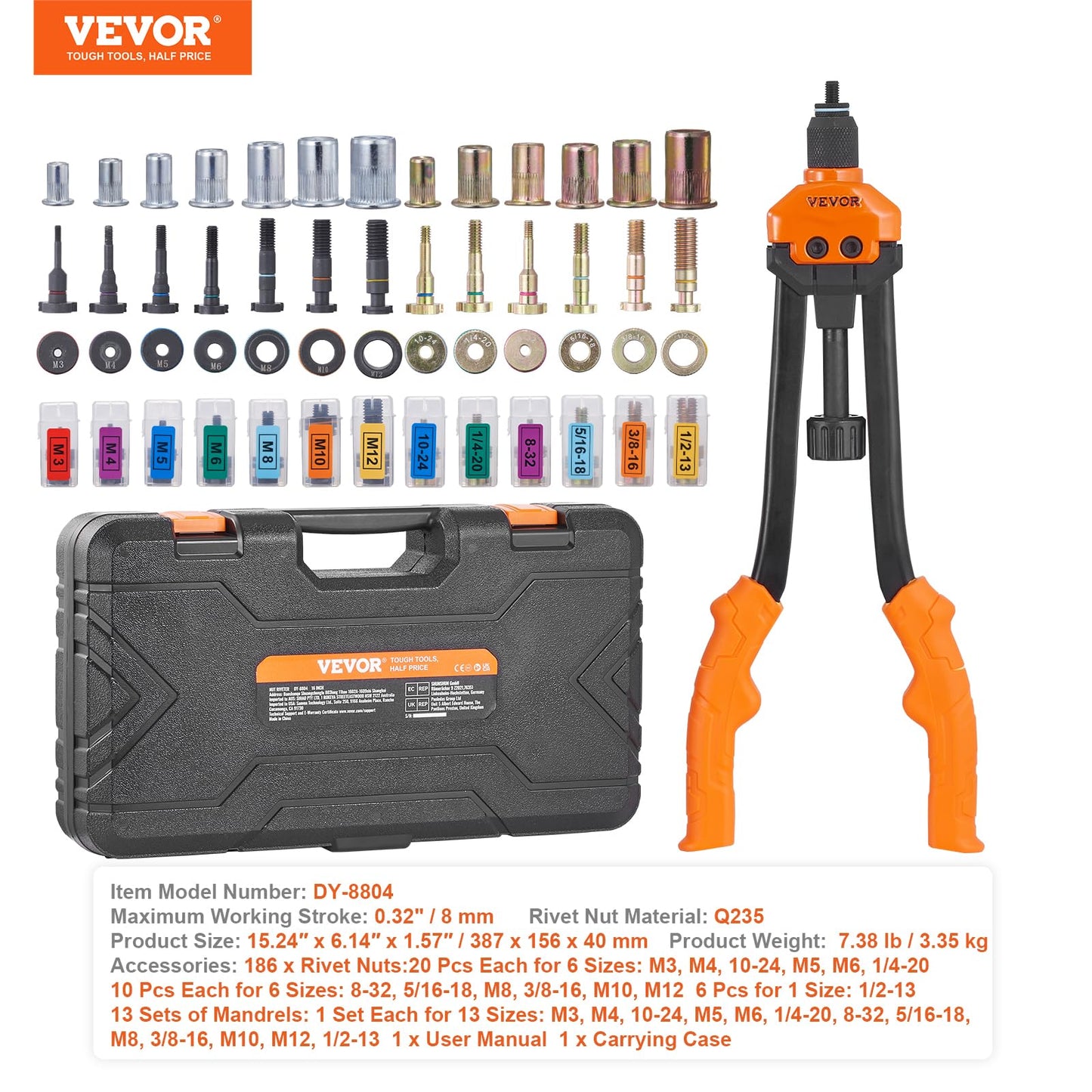 VEVOR 16" Rivet Nut Tool, Labor-Saving Rivnut Tool Kit with 13PCS Metric & SAE Mandrels, 186PCS Rivet Nuts,M3, M4, M5, M6, M8, M10, M12, 1/4-20, 5/16-18, 3/8-16,1/2-13, 8-32, 10-24 with Carrying Case 🍁 All In One Marketplace Canada