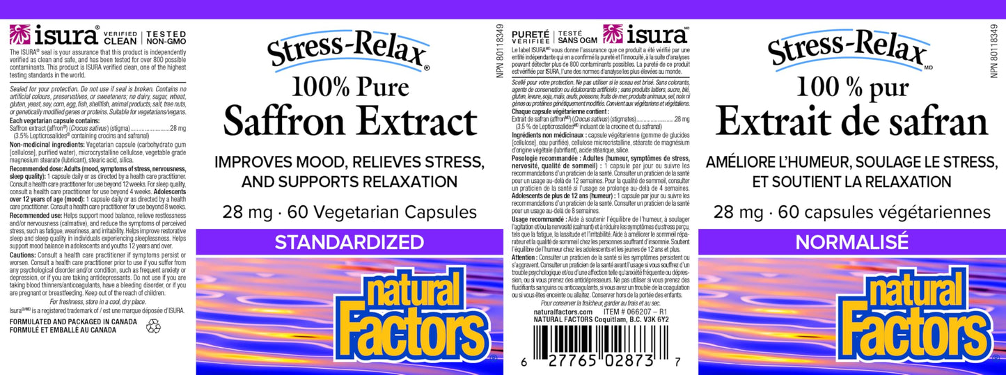Natural Factors Stress-Relax Saffron Extract 28 mg, 60 DAY SUPPLY, 100% Pure, 60 Veg Caps, Improves Mood, Relieves Stress & Supports Relaxation, Proudly Canadian 🍁 All In One Marketplace Canada