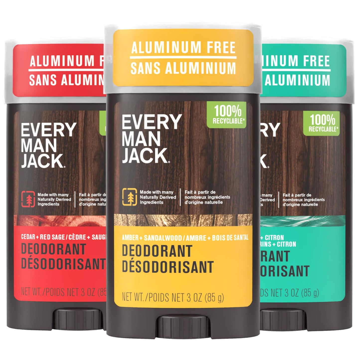Every Man Jack Men's Deodorant Variety Set - Three Full-Sized Deodorant Sticks with Clean Ingredients & Incredible Scents - Cedar + Red Sage, Amber + Sandalwood, Sea Mineral + Citron - 85g (3 Pack) 🍁 All In One Marketplace Canada