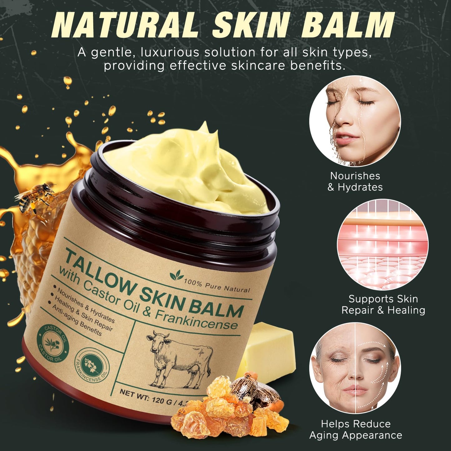 Beef Tallow Skin Care with Castor Oi & Frankincenses, Grass Fed Whipped Tallow Honey Balm for Face & Body, Natural Moisturizer Hydrates, Deeply Nourishes, Enhances Natural Radiance 120g 🍁 All In One Marketplace Canada