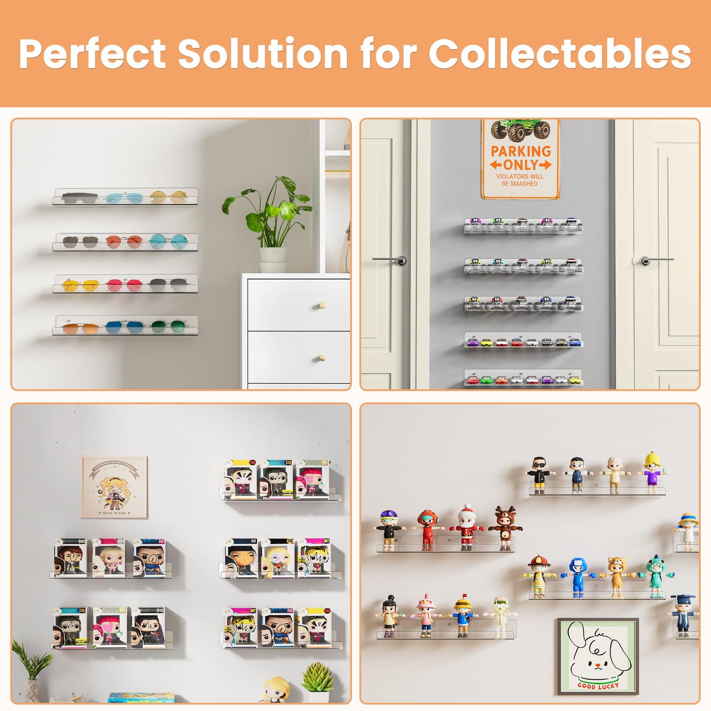 upsimples Clear Acrylic Shelves for Storage, 15" Floating Shelves Wall Mounted for Kids Bookshelf/Display Ledge for Bedroom, Living Room, Bathroom, Kitchen, Set of 4 🍁 All In One Marketplace Canada