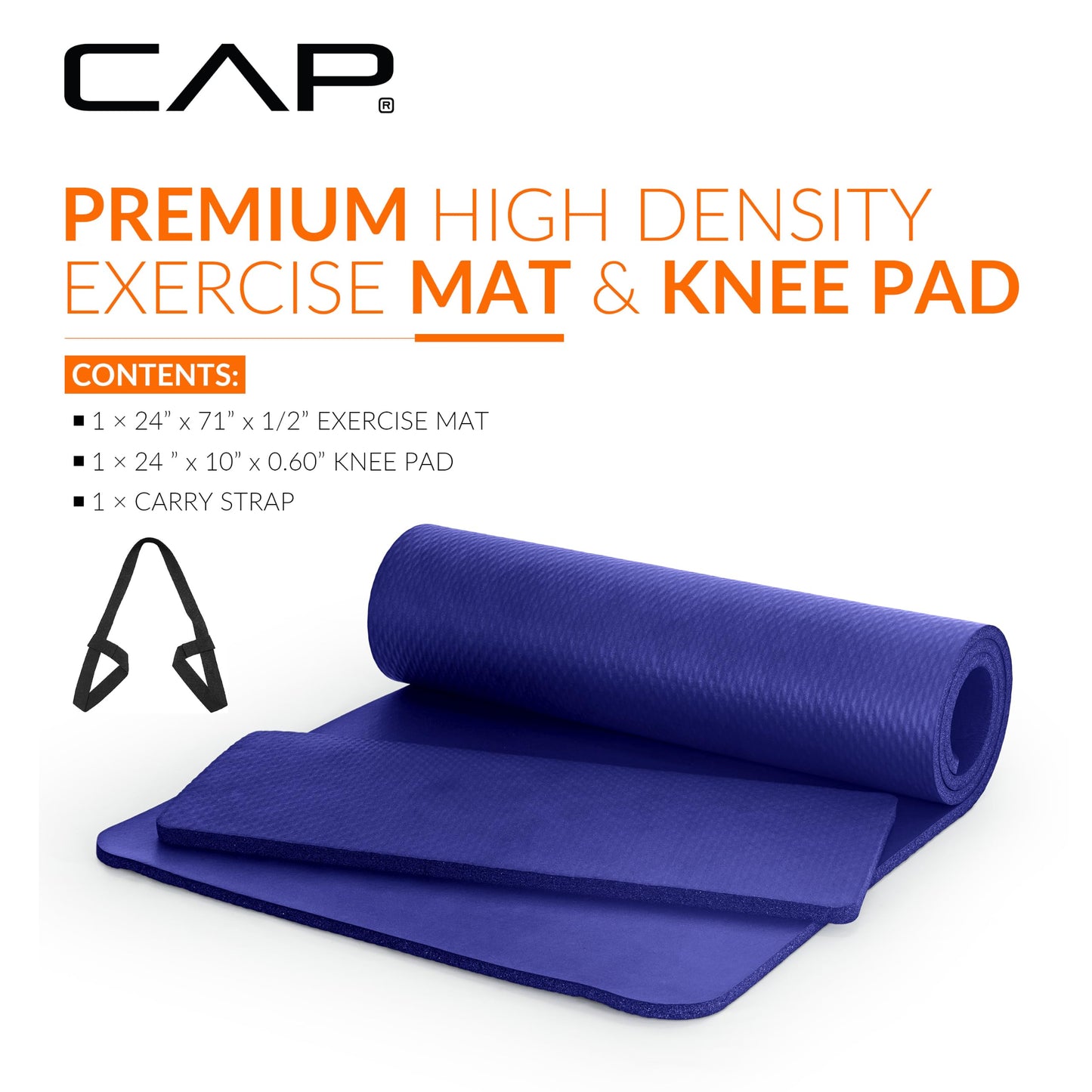 CAP Barbell High Density Exercise Yoga Mat with strap and Knee Pad 71"x24"x1/2" BLUE 🍁 All In One Marketplace Canada