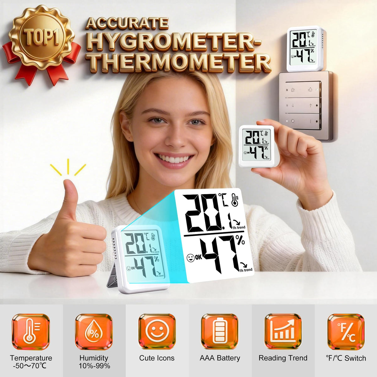Ayawiss Room Thermometer Indoor Hygrometer with Celsius/Fahrenheit (℃/℉) Switch, Humidity Meter Gauge Digital Temperature and Humidity Sensor Monitor for Home Pets Plants - AAA Battery Included 🍁 All In One Marketplace Canada