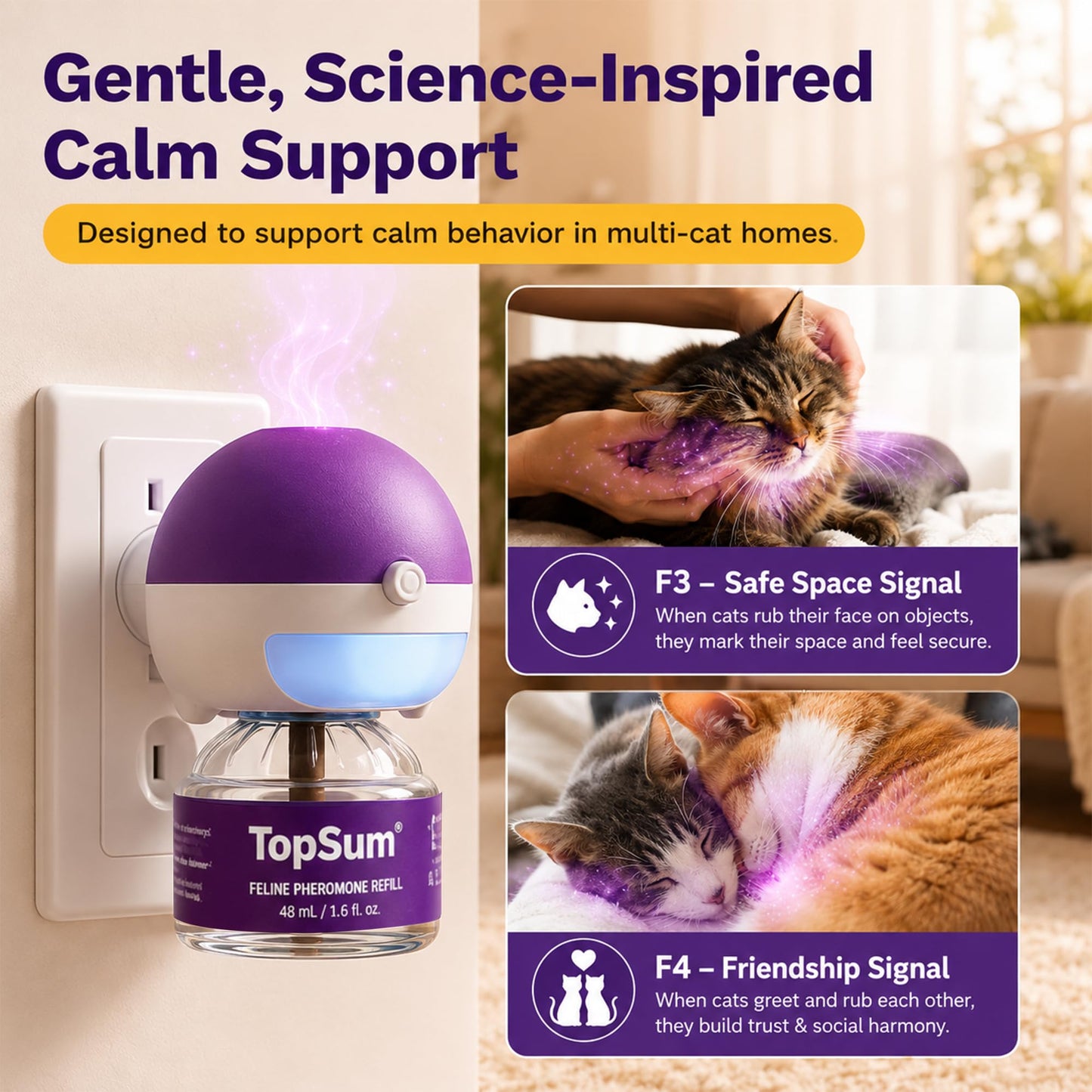 TopSum Cat Pheromone Diffuser: Cat Calming Diffuser for Spraying, Scratching, Excessive Meowing & Multi-Cat Homes, Ideal for Cats Alone at Home - VHP Registered NN.Z4H1 (3 Diffusers+3 Refills) 🍁 All In One Marketplace Canada