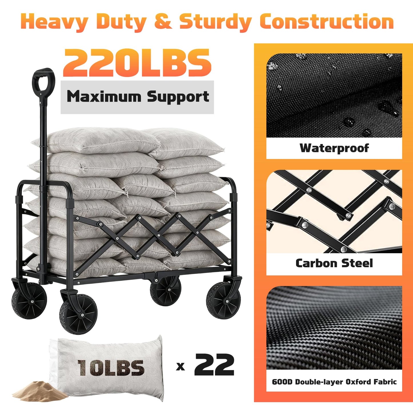 220LBS Collapsible Foldable Wagon Carts - Heavy Duty Portable Folding Utility Wagons with All-Terrain Wheels for Grocery Sports Shopping Camping Garden Beach, 2 Drink Holders/Lightweight/Black 🍁 All In One Marketplace Canada