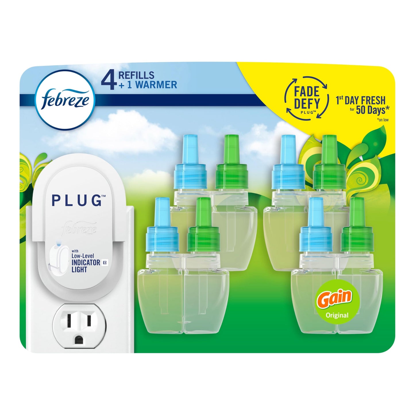 Febreze Plug In Air Freshener, Odor-Fighting Scented Oil Starter Kit for Home, Bathroom and Kitchen, Long Lasting for Strong Odors, Gain Original Scent, Warmer + 4 Refill 🍁 All In One Marketplace Canada