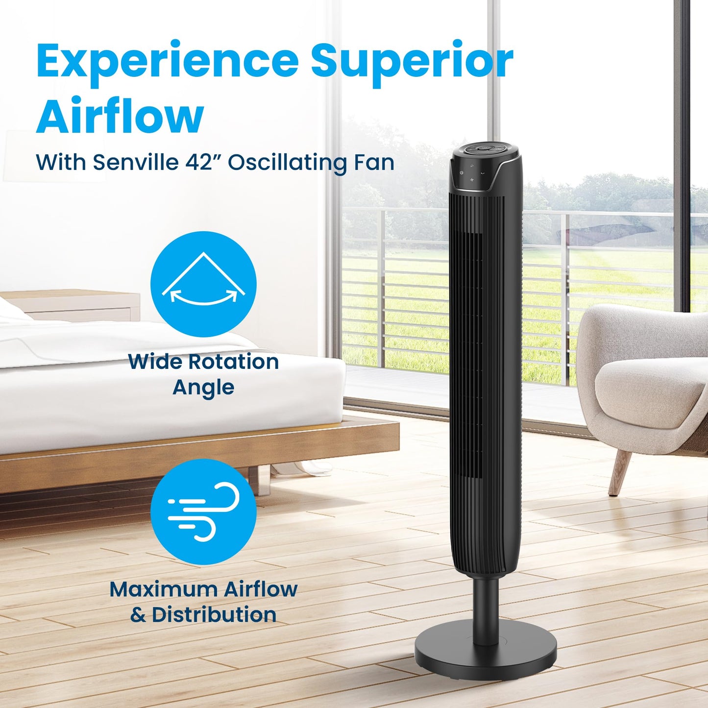 Senville 42" Oscillating Tower Fan for Bedroom, Remote, Bladeless, Quiet, 3 Modes, 7-Hour Timer, LED Display, Black 🍁 All In One Marketplace Canada