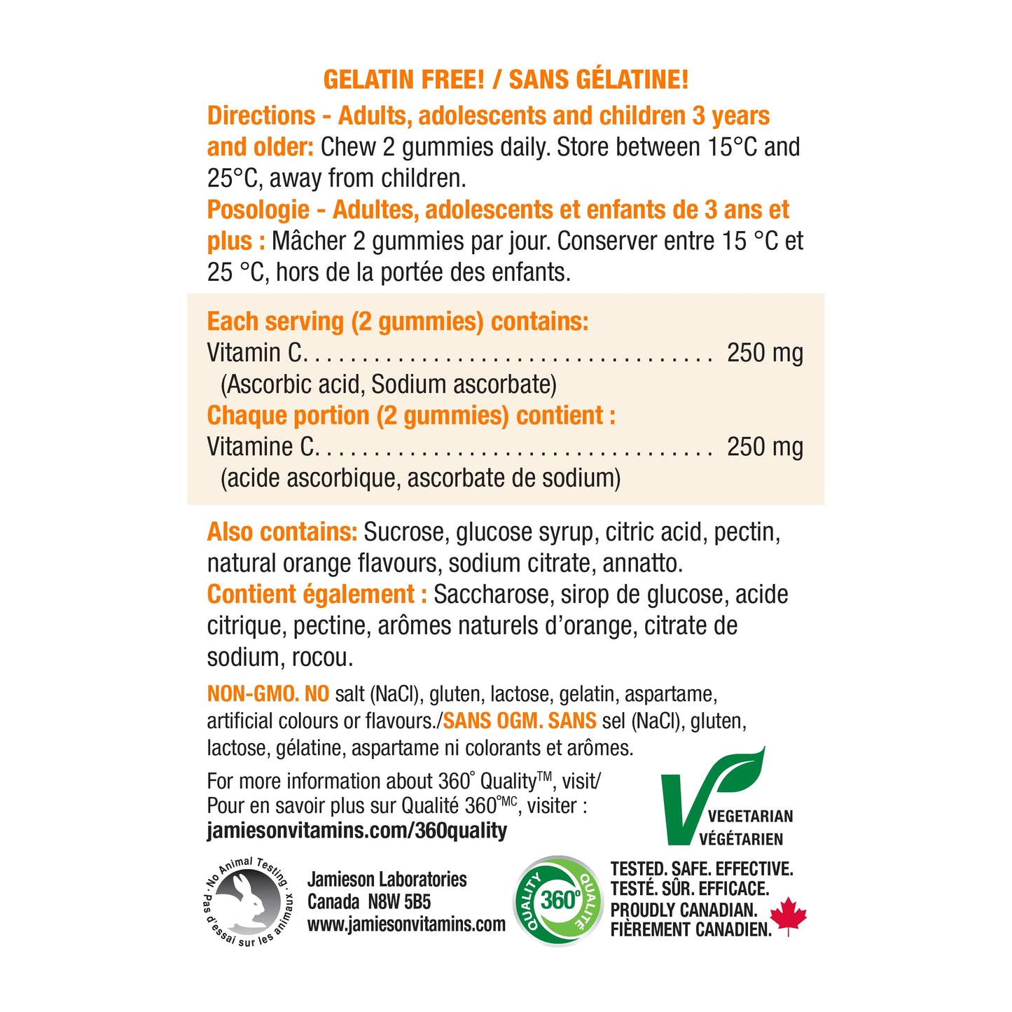 Jamieson Vitamin C 250 mg, 60 Gummies, Natural Tangy Orange Flavour. Supports Immune Health, Strong Teeth and Bones. Family Friendly (3+), Vegetarian, Non-GMO, Gelatin-Free 🍁 All In One Marketplace Canada