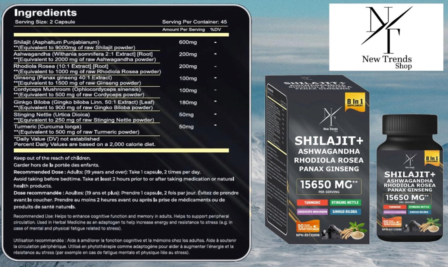 8-in-1 Shilajit Himalayan Organic Supplement with Shilajit 9000, Ashwagandha 2000MG, Rhodiola Rosea 1000MG, Panax Ginseng 1500MG, Cordyceps Mushroom 500MG, Gingko Biloba 500MG, Stinging Nettle 250MG, Turmeric (15,250 MG - 90 Caps)