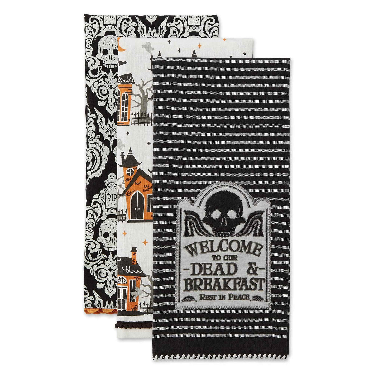 DII Happy Halloween Dishtowel Collection Embellished Cotton Kitchen Hand Towel Set, 18x28, Skull Damask/Haunted House, 3 Count