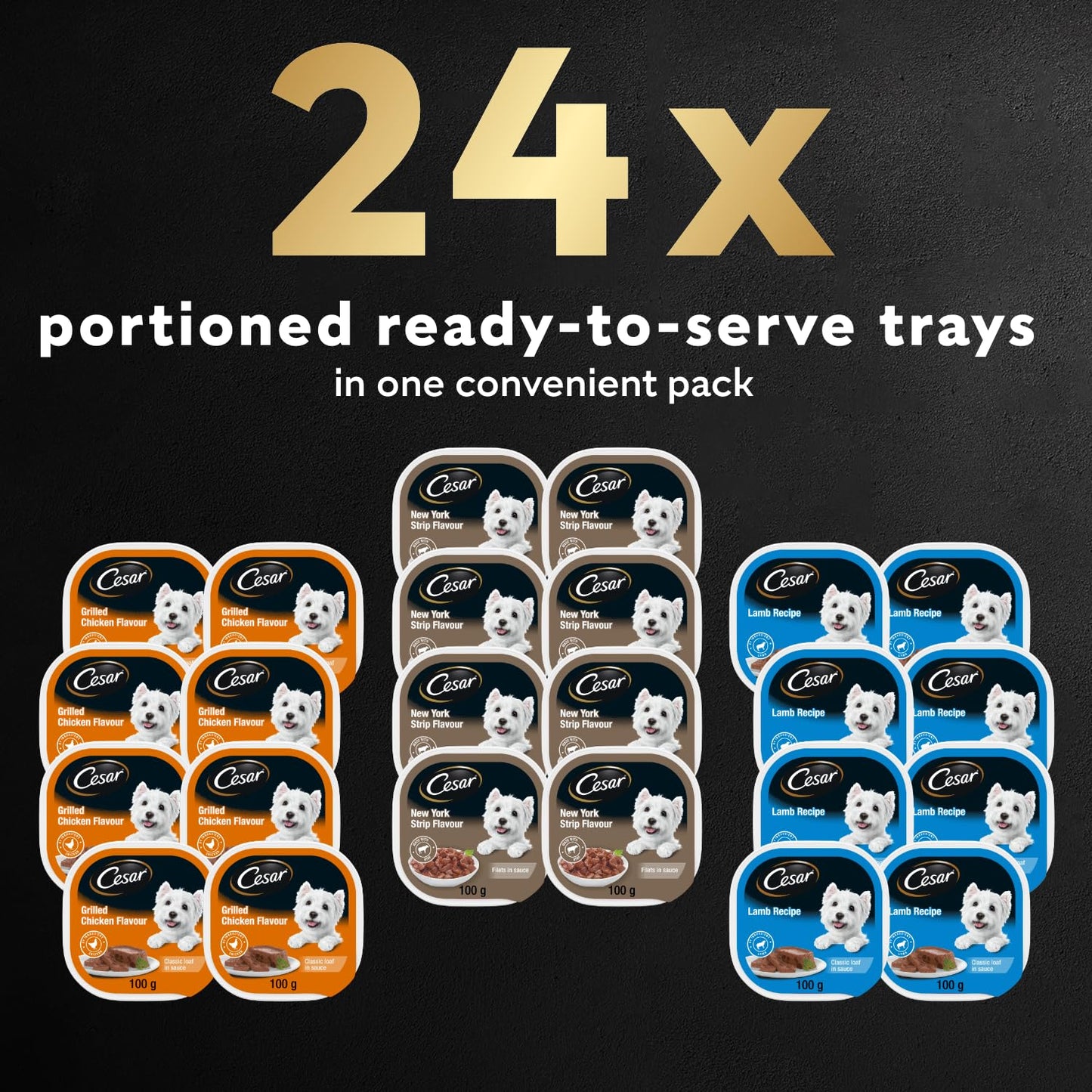 CESAR Classic Loaf in Sauce Adult Wet Dog Food Variety Pack, with 8 Grilled Chicken Flavour, 8 NY Strip Flavour & 8 Lamb Recipe, 24x100g Trays 🍁 All In One Marketplace Canada