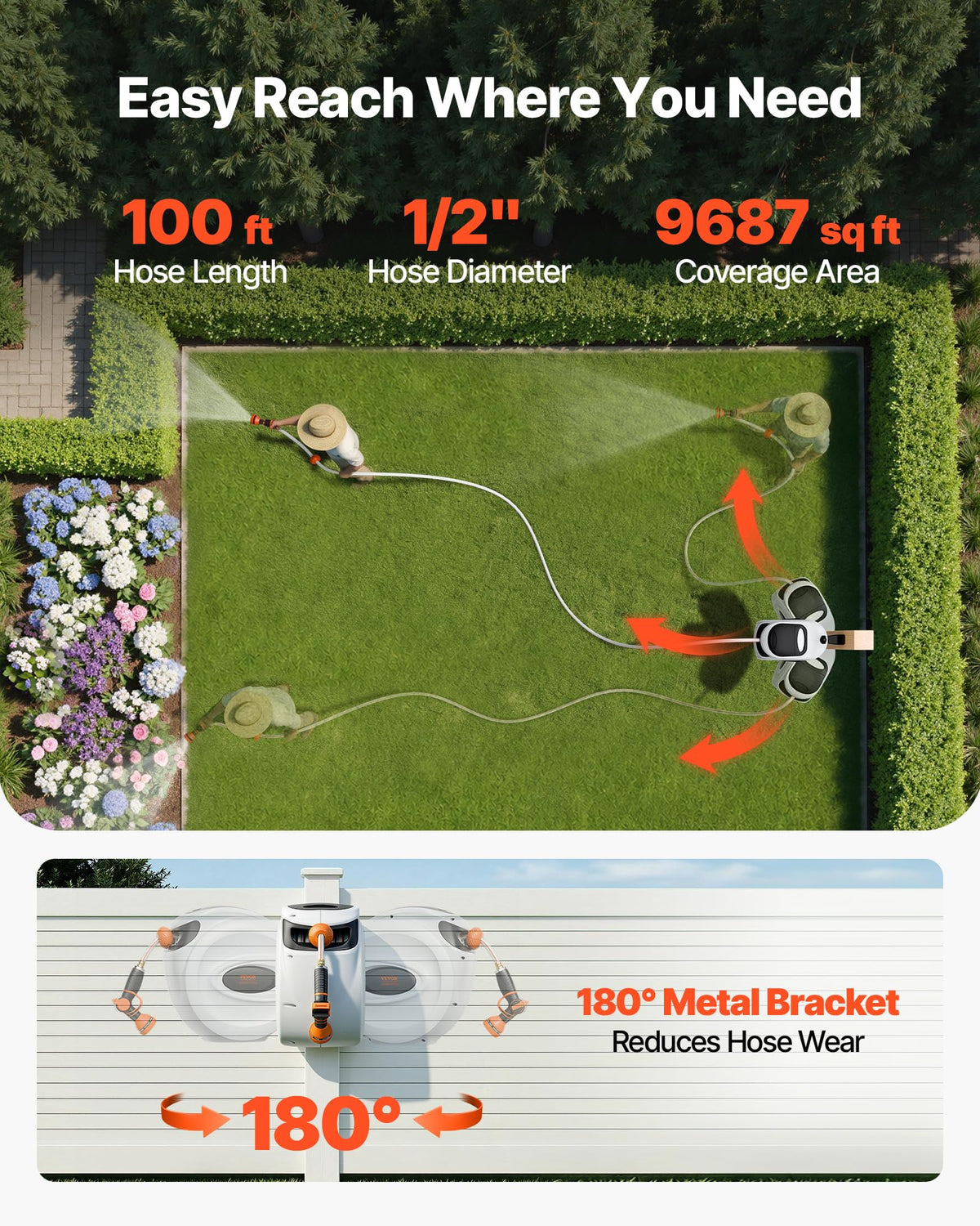 VEVOR Retractable Hose Reel, 100 ft x 1/2 inch, 180° Swivel Bracket Wall-Mounted, Garden Water Hose Reel with 9-Pattern Nozzle, Automatic Rewind, Lock at Any Length, and Slow Return System 🍁 All In One Marketplace Canada