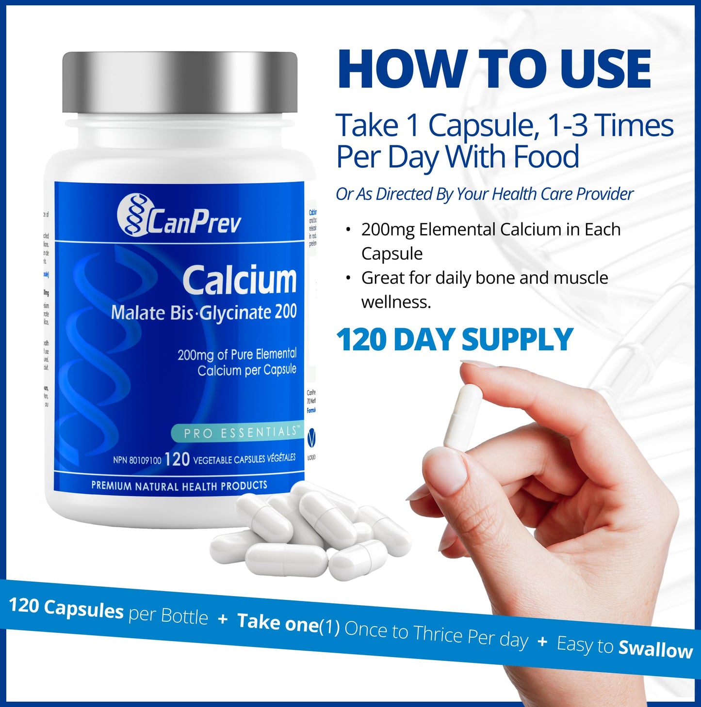 CanPrev Calcium Malate Bis-Glycinate Supplement, 120 Capsules 120-Day Supply - Therapeutic 200mg Elemental - Ideal for Healthy Bones, Teeth, Muscle Cramps and Promote Relaxation - Vegan and Non-GMO 🍁 All In One Marketplace Canada