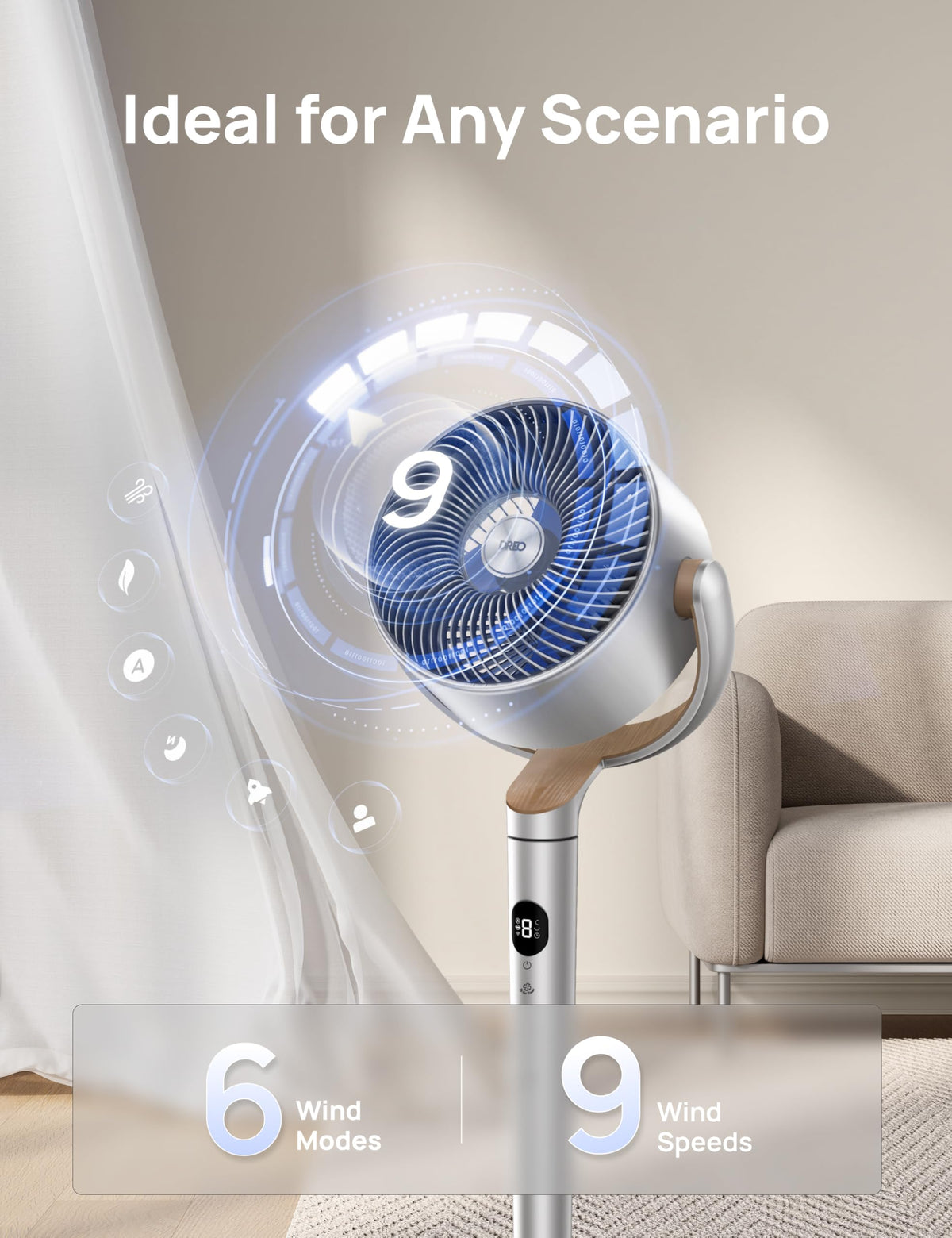 DREO Smart Fans for Bedroom, 120° +120° Omni-Directional Oscillating Fan, 90ft Quiet Pedestal Fan with RGB Light, 9 Speeds, 6 Modes, 20dB, 8H Timer, Wi-Fi/Voice, 37-42" Floor Fans with Remote, Silver 🍁 All In One Marketplace Canada