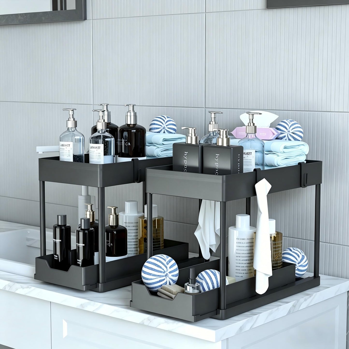 DEKAVA Under Sink Organizer 2 Pack, Bathroom Organizers, 2 Tier Sliding Cabinet Basket Organizer Drawer, Multi-Purpose Bath Collection Baskets for Bathroom (Black) 🍁 All In One Marketplace Canada