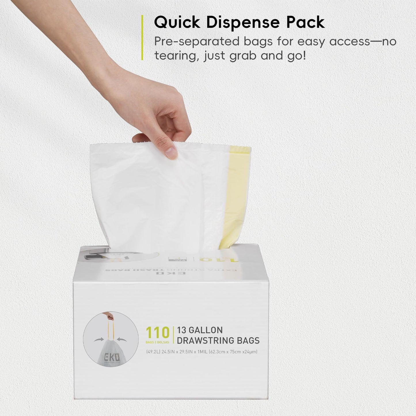 EKO 13 Gallon / 40-60 Liter Drawstring Trash Bags, Extra-Strong Unscented Garbage Bags, 60 Count Easy-Dispense Roll for Kitchen & Household Use, Leak-Resistant, Code F, White 🍁 All In One Marketplace Canada