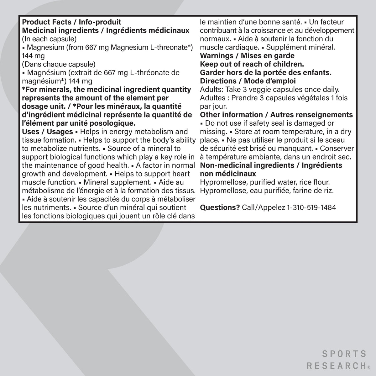 Sports Research® Magtein Magnesium L-Threonate Capsules - Magnesium Supplement for Memory, Focus & Cognition - 144mg Elemental Magnesium per Dose - Supports Sleep & Mood, 90 Capsules for Adults 🍁 All In One Marketplace Canada