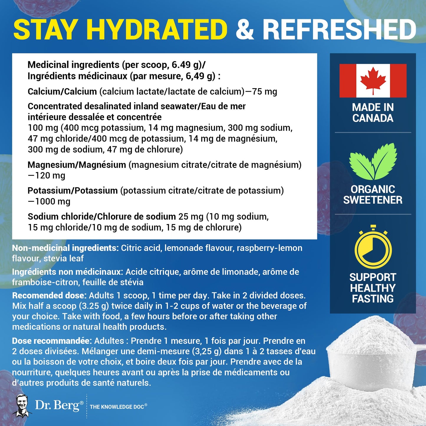 Dr. Berg Electrolytes Powder No Sugar - Enhanced w/ 1000 mg of Potassium & Real Sea Salt - Zero Sugar Electrolyte Powder - Raspberry & Lemon Flavor Hydration Powder Electrolytes - 50 Servings 🍁 All In One Marketplace Canada