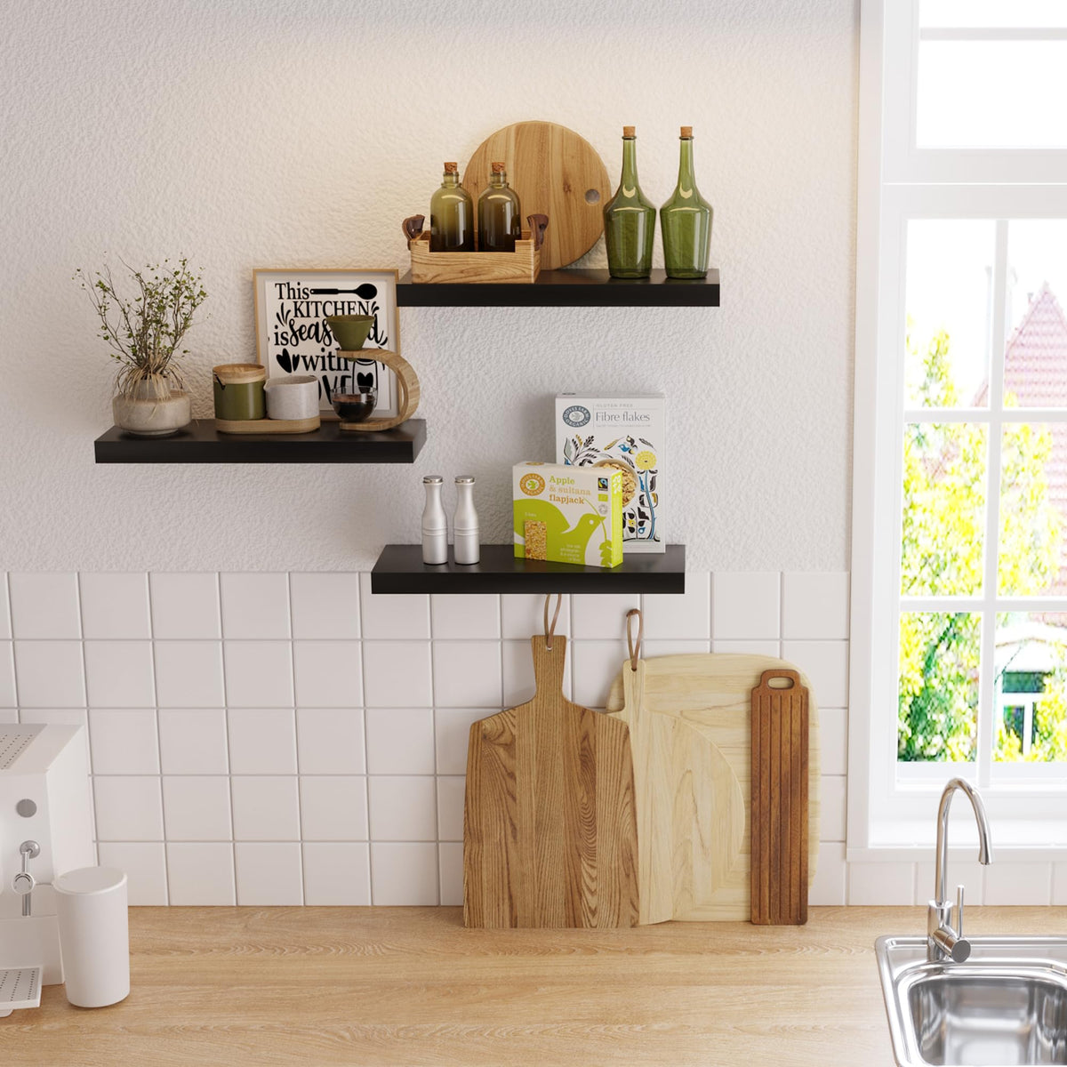 upsimples 16.5" L Black Wooden Floating Shelves with Invisible Brackets, Wall Mounted Modern Wood Shelves Set of 3, for Bathroom Bedroom 🍁 All In One Marketplace Canada
