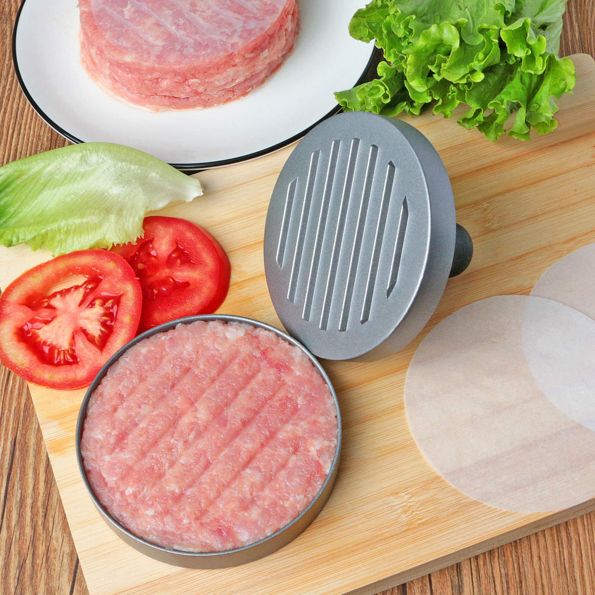 Asdirne Hamburger Press Patty Maker, Food Grade Aluminum Burger Press with ABS Handle, Non-Stick, Easy to Clean, with 50 Pcs Wax Patty Paper, 4.6" Diameter and 0.7" Depth 🍁 All In One Marketplace Canada