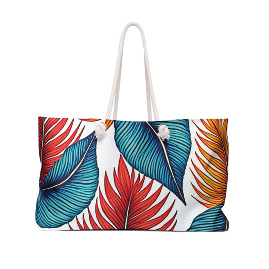 Tropical Leaf Pattern Weekender Bag | Blue Teal Orange Palm, Large Tote Bag