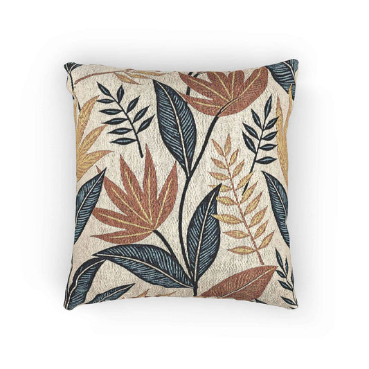 Tropical Leaf Pattern Woven Pillow | Botanical Throw Pillow, Neutral Blue Rust Design