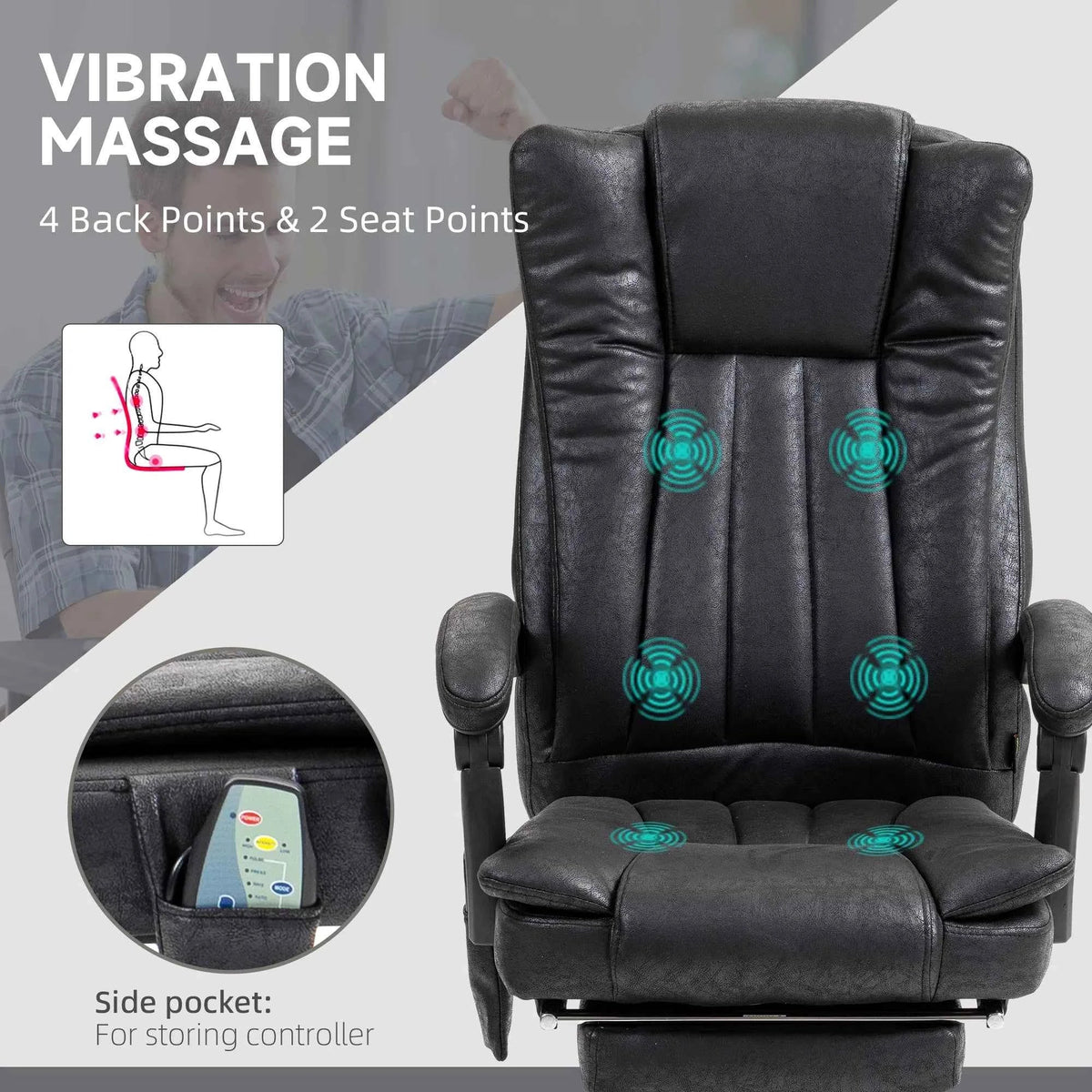 Black 6-Point Vibration Massage Office Chair – Microfiber Recliner with Retractable Footrest (United States & Canada Delivery Only)
