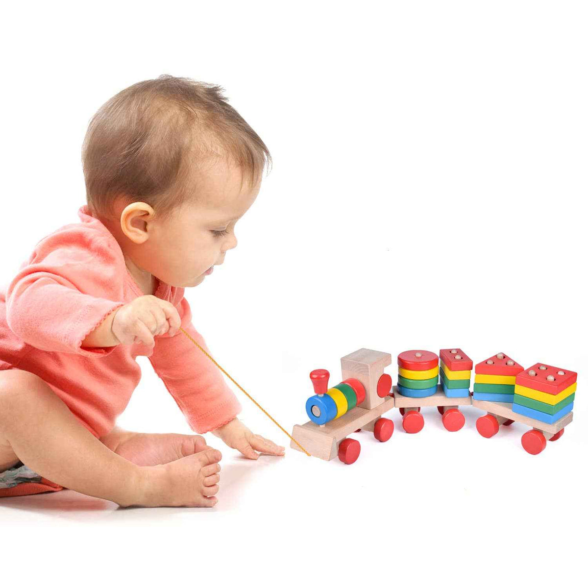 Fun Little Toys - Wooden Train Shape Sorter and Stacking Toy 25 Pcs - Ages 3+