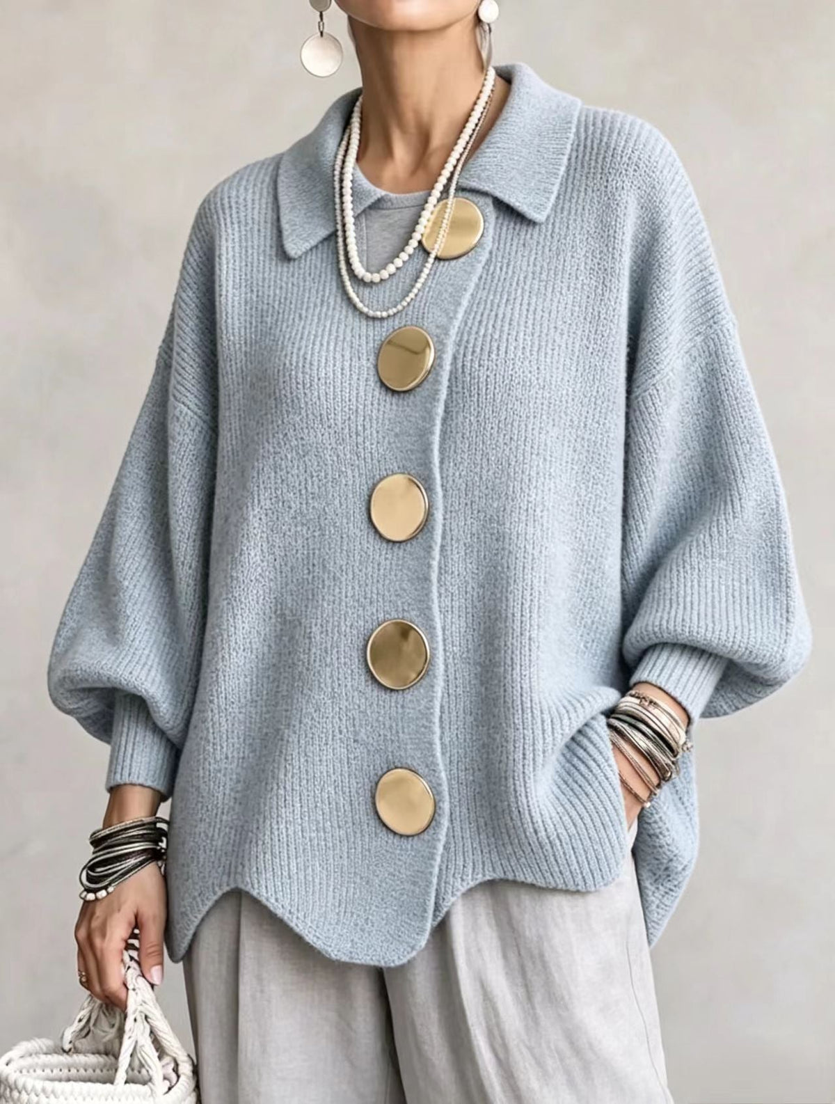 Women’s Button-Down Knit Cardigan – Lapel Collar Long-Sleeve Loose-Fit Fall & Winter Sweater
