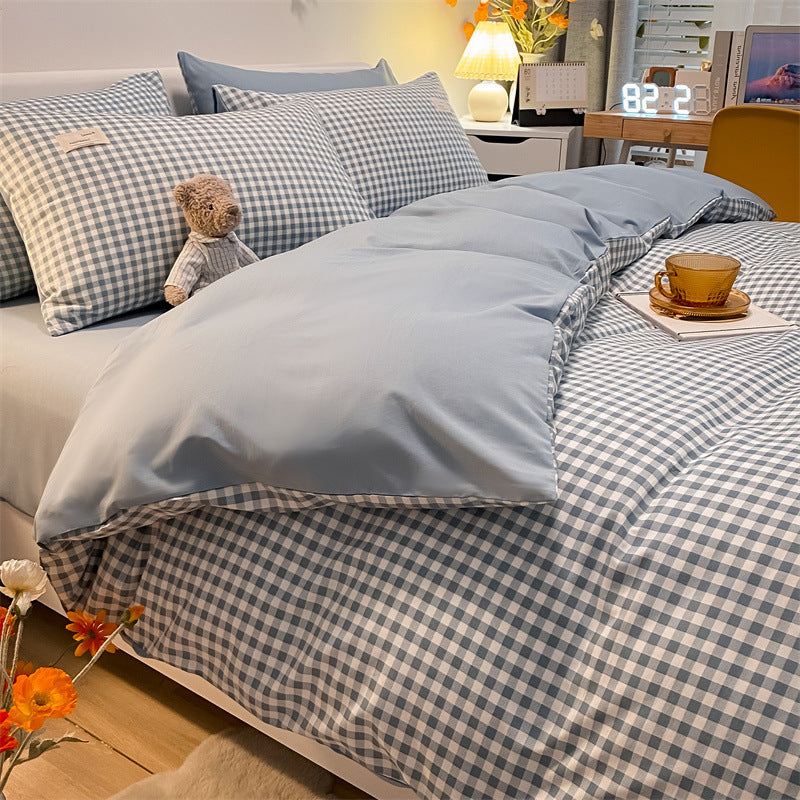Pure Color Washed Cotton Plaid Striped Bedding Set