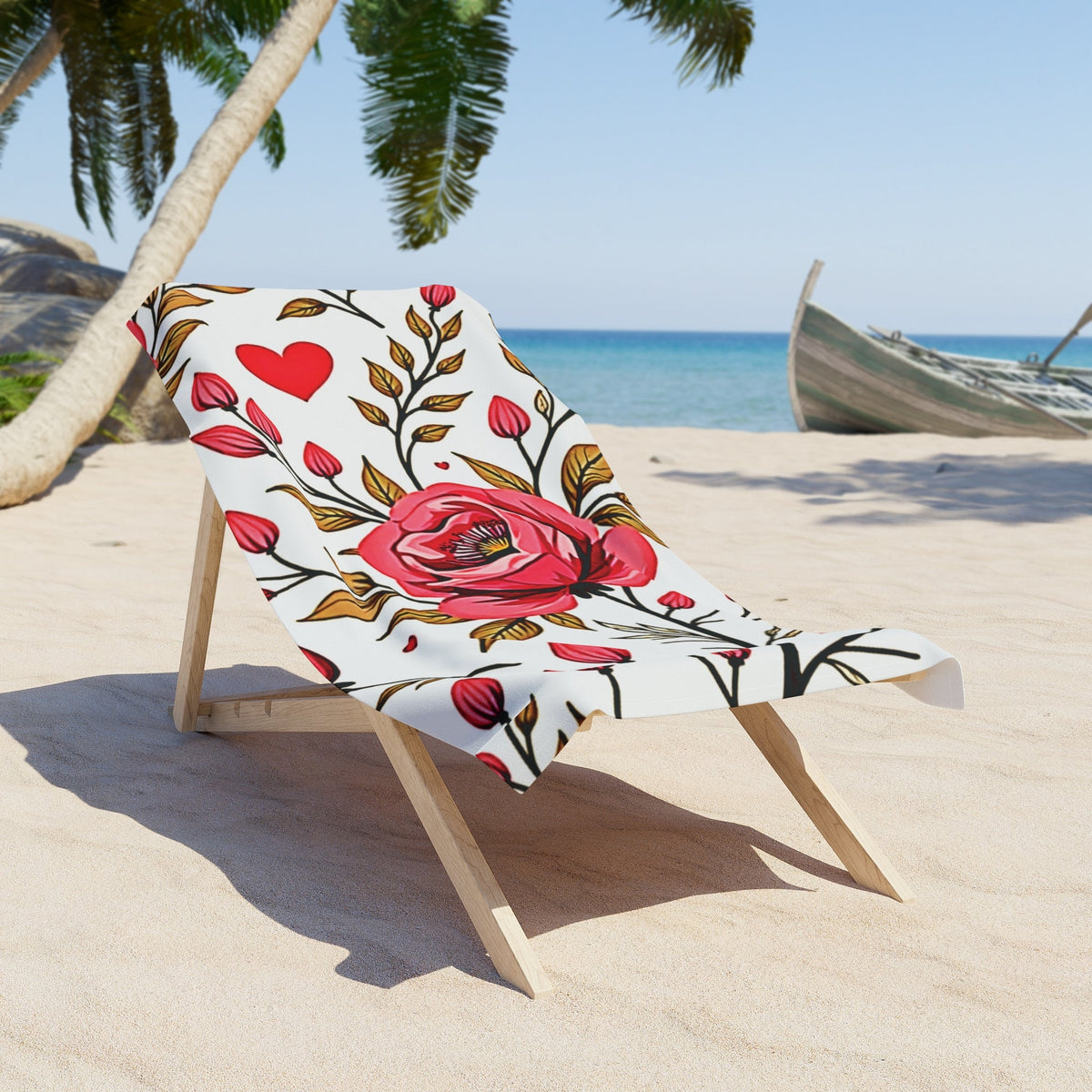 Floral Hearts Beach Towel — Pink Rose Pattern Sun & Pool Towel